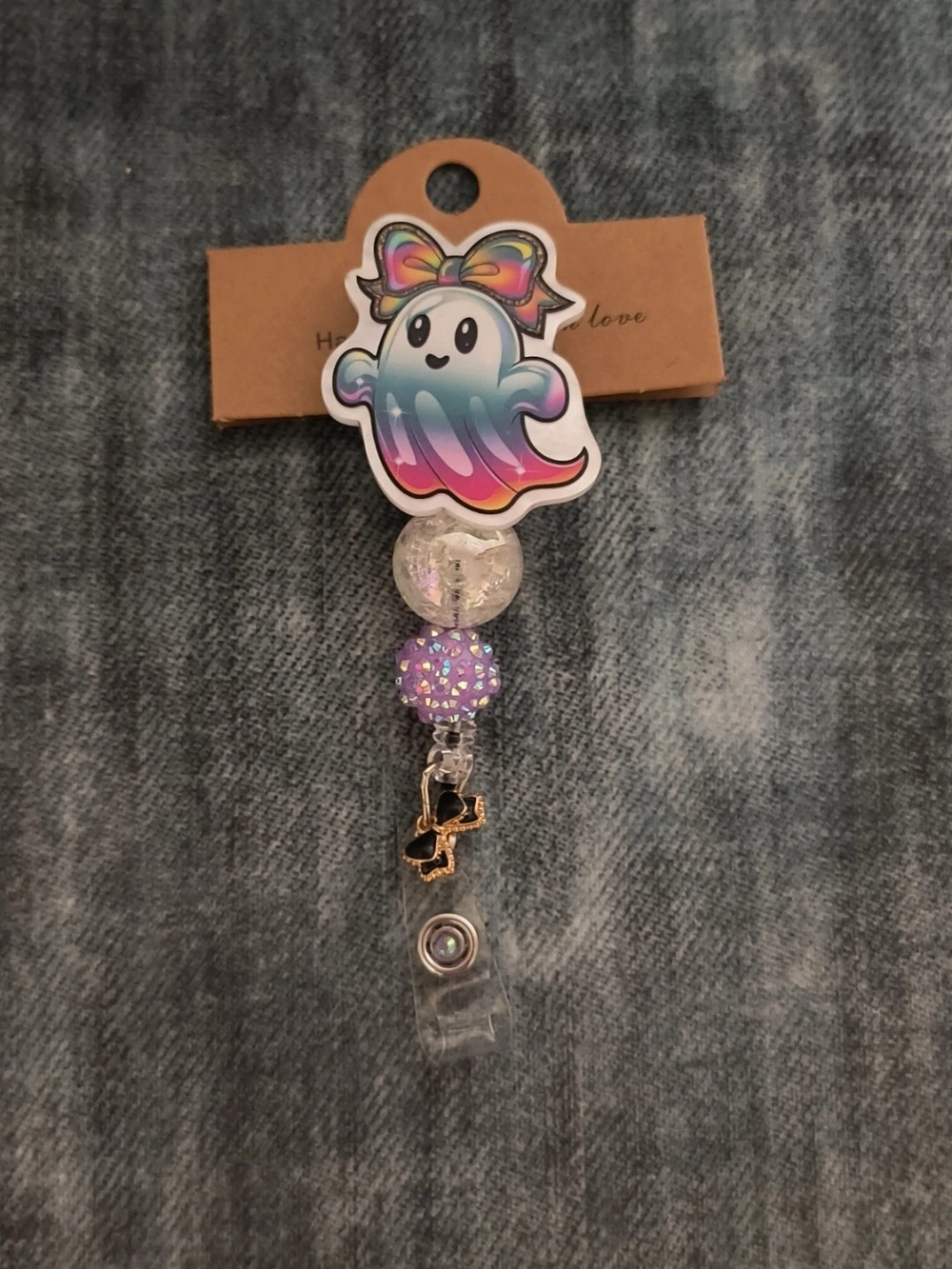 Ghost Badge Reel with Beads & A Black Bow Charm
